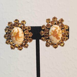 Vintage 1980s, Clip Earrings, Center Orange and Cream Stone surrounded by orange